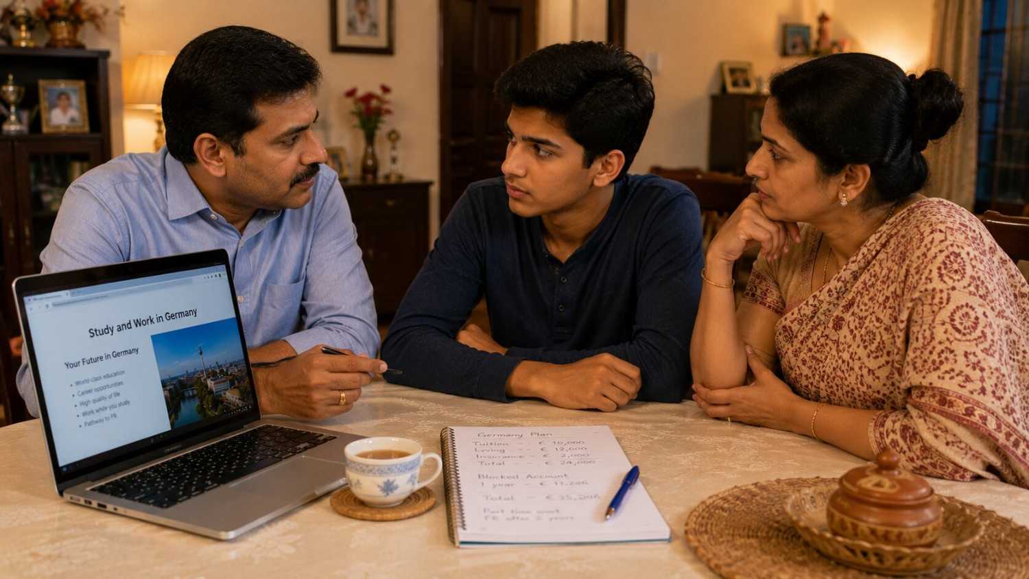 Indian family at home calculating Ausbildung Germany programme cost vs benefit on paper and laptop