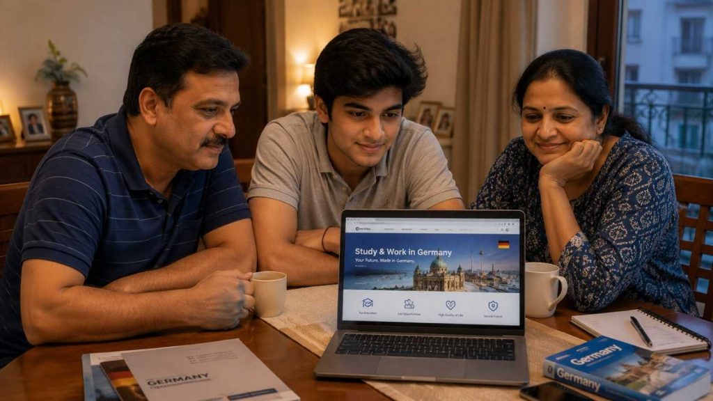 Indian parents discussing their child's safety before Ausbildung in Germany at home
