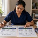 Indian nurse at a desk comparing two printed documents side by side, focused evaluative expression, clean home setting, natural light