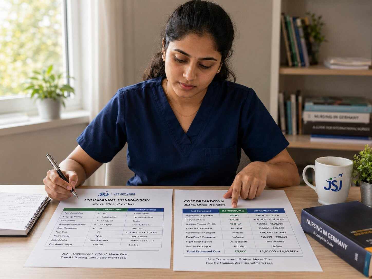 Indian nurse at a desk comparing two printed documents side by side, focused evaluative expression, clean home setting, natural light