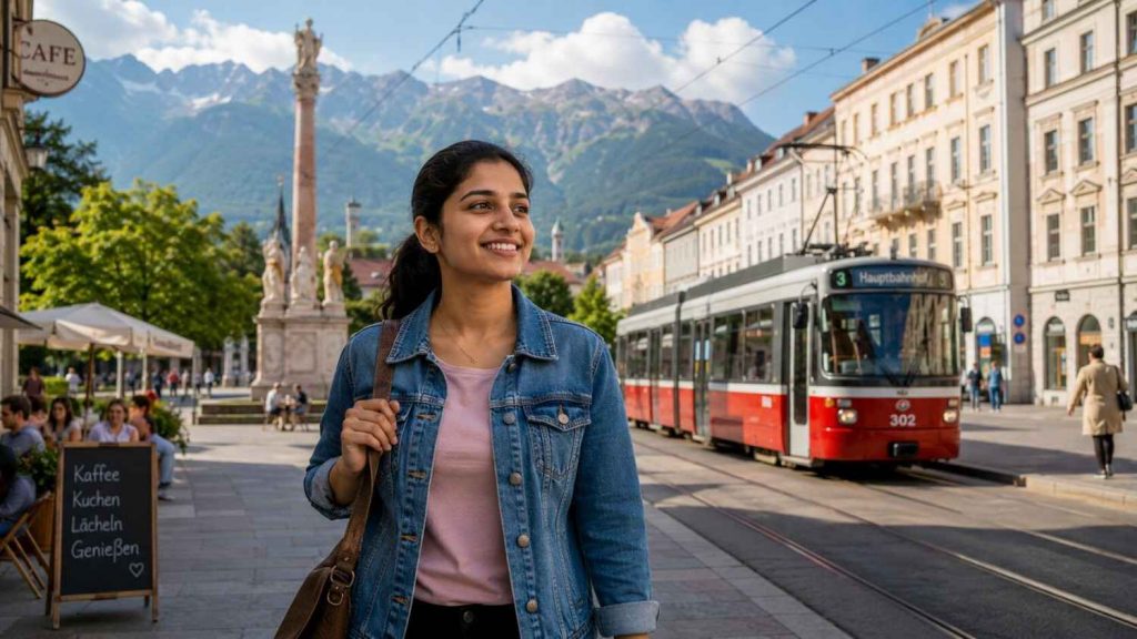 Indian nurse enjoying everyday life in a clean, scenic Austrian town