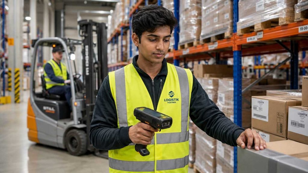Indian logistics trainee in a modern German warehouse during a Logistics Ausbildung