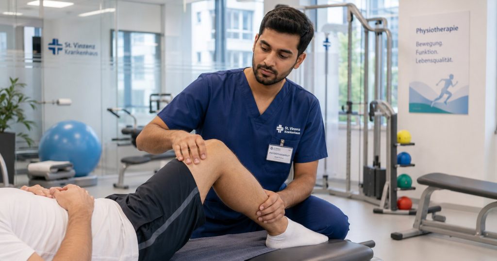A confident male Indian physiotherapist working with a patient in a modern German rehabilitation centre