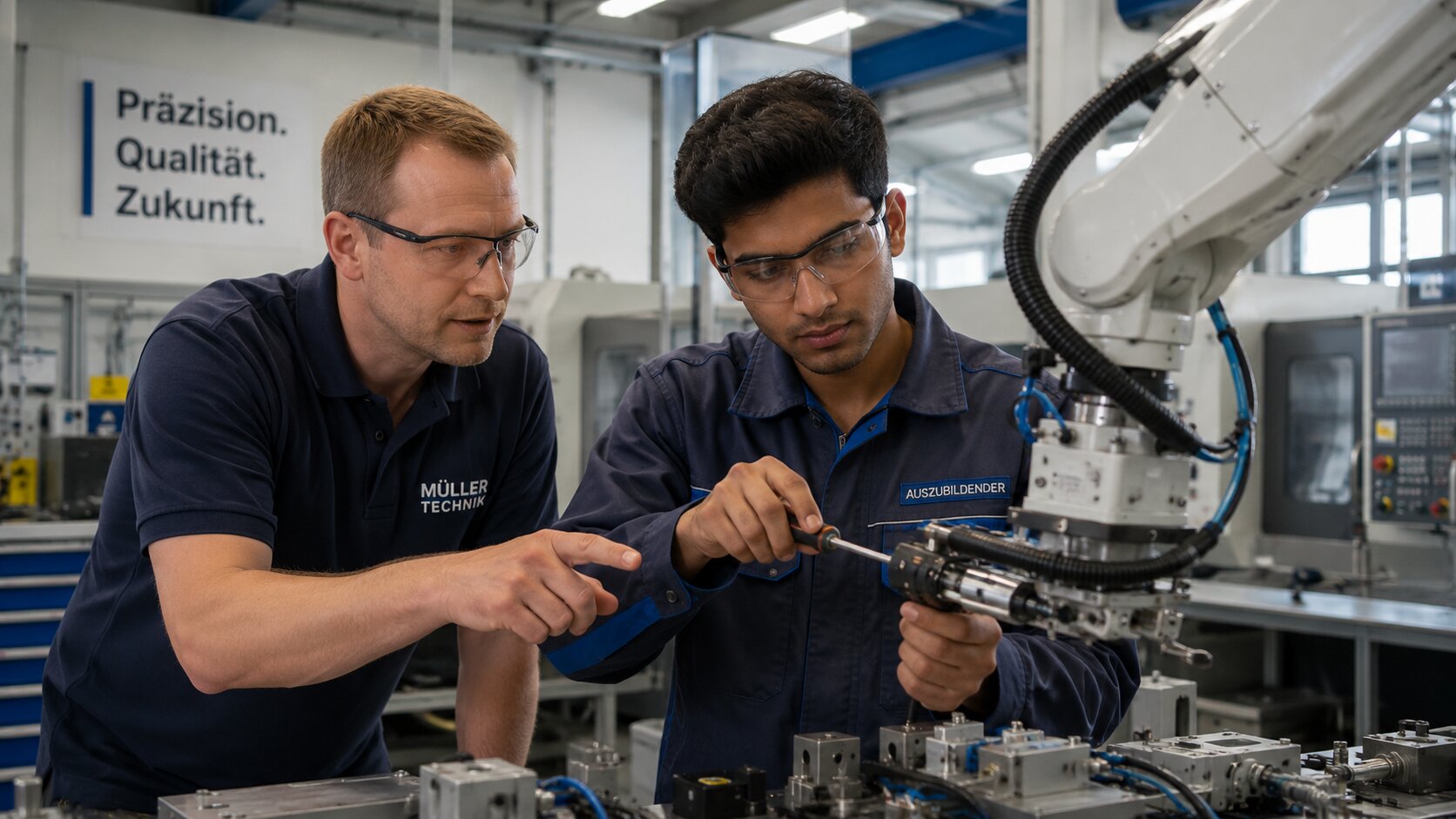 Indian mechatronics trainee working on machinery during an engineering Ausbildung in Germany