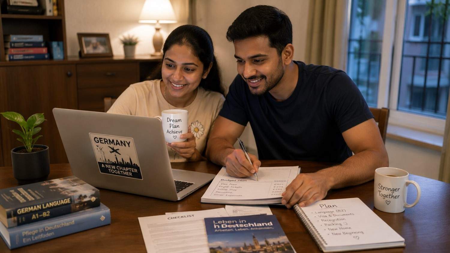 Indian nurse and her technician spouse looking at a laptop together planning their move to Germany