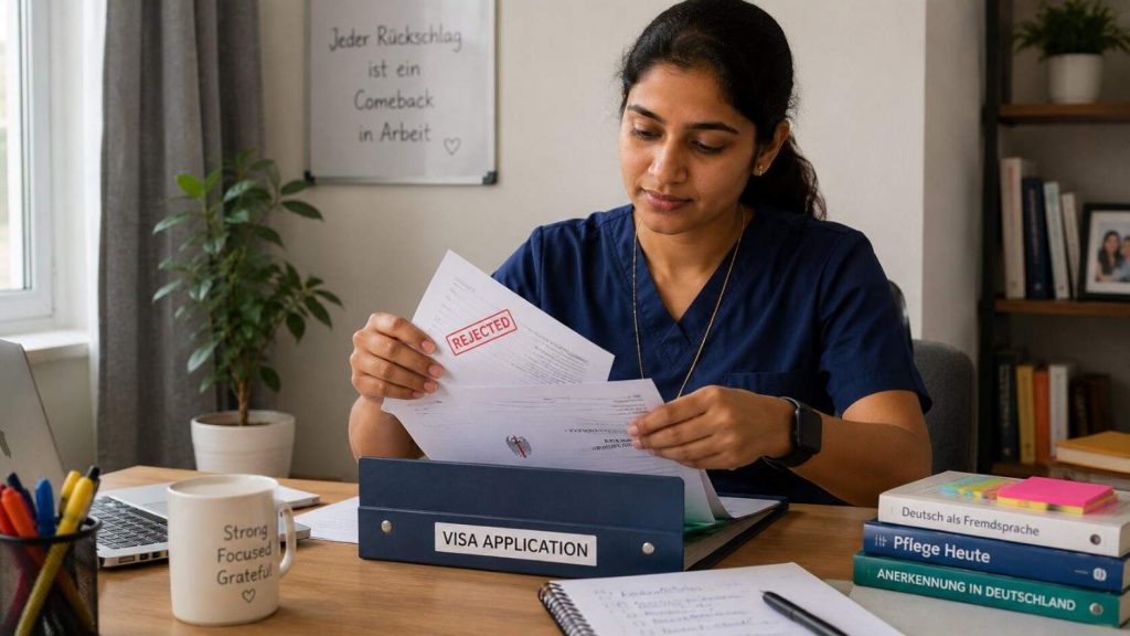 Indian nurse calmly reorganising her visa documents to prepare a fresh application after a rejection