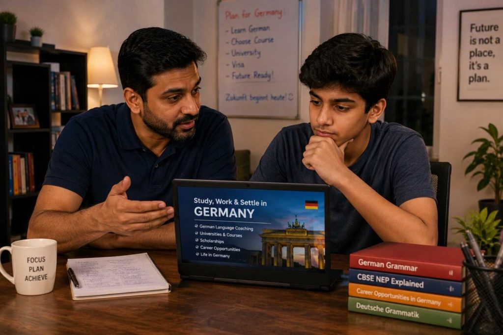 Indian parent and child looking at future education options after CBSE NEP 2026 removes German from schools