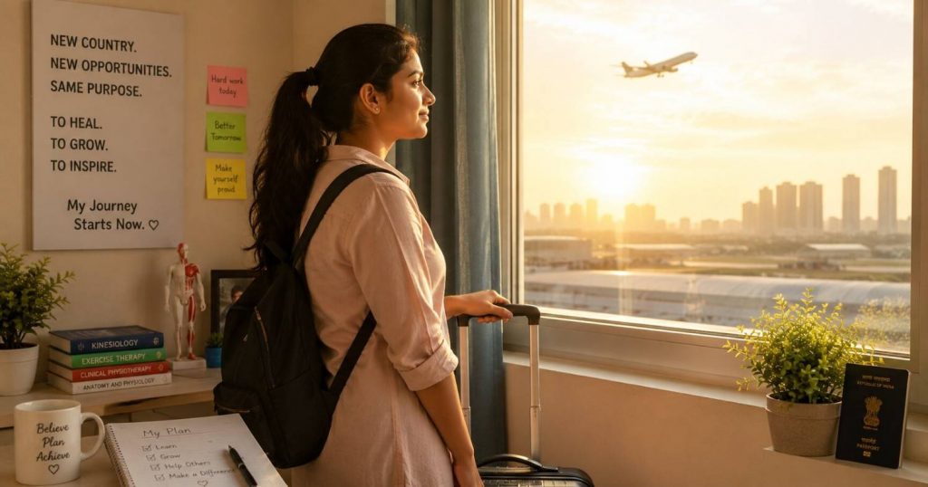 An Indian physiotherapist standing confidently at the start of their journey towards Germany