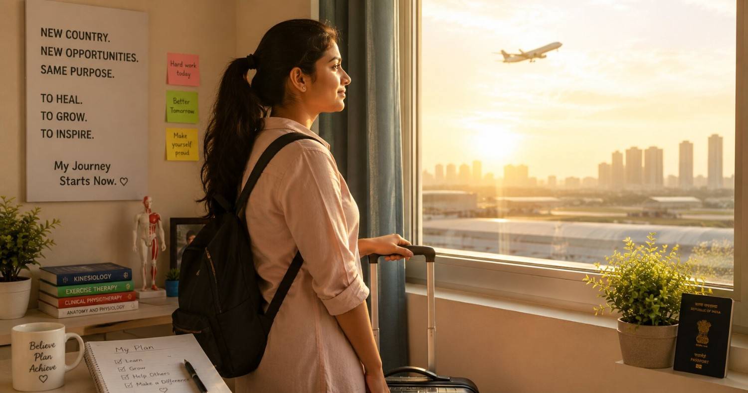 An Indian physiotherapist standing confidently at the start of their journey towards Germany