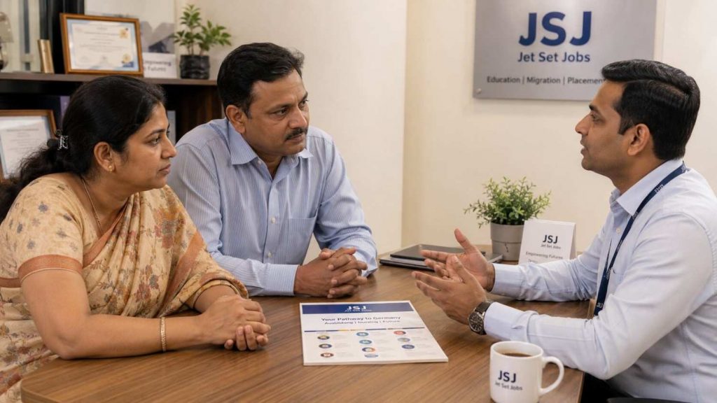 Indian mother and father asking questions about the Germany Ausbildung programme at a JSJ counselling session