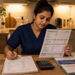 Indian nurse at a desk with a German payslip, calculator, and notepad, working out deductions, focused expression, warm home lighting