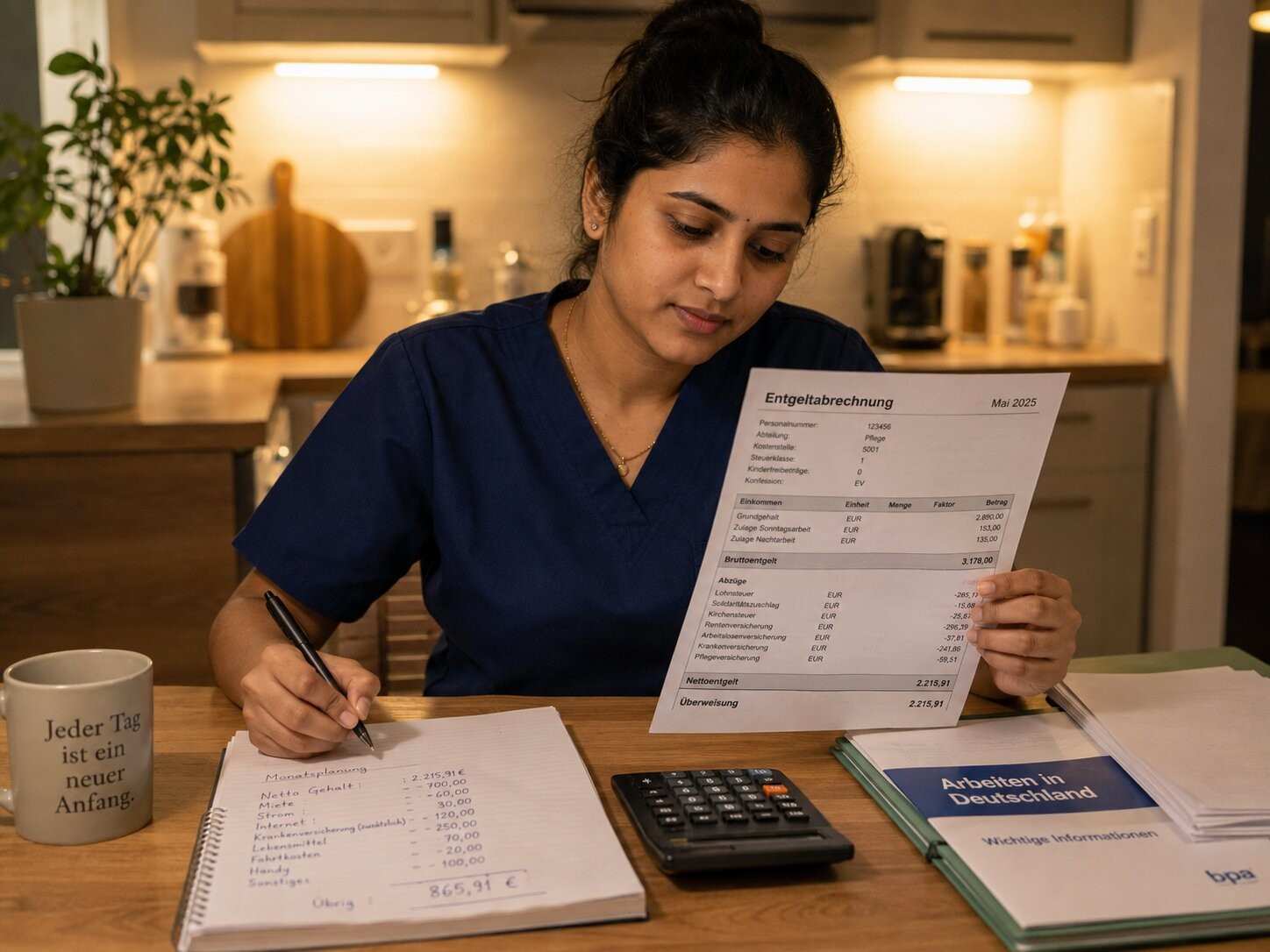 Indian nurse at a desk with a German payslip, calculator, and notepad, working out deductions, focused expression, warm home lighting