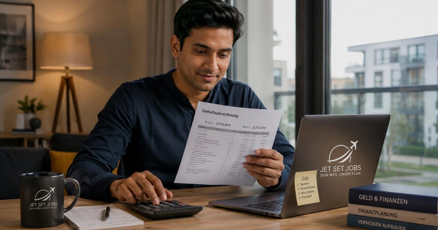 An Indian physiotherapist reviewing a German payslip showing gross and net salary breakdown