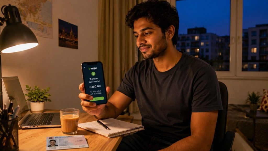 Young Indian Ausbildung trainee using phone app to transfer money from Germany to India