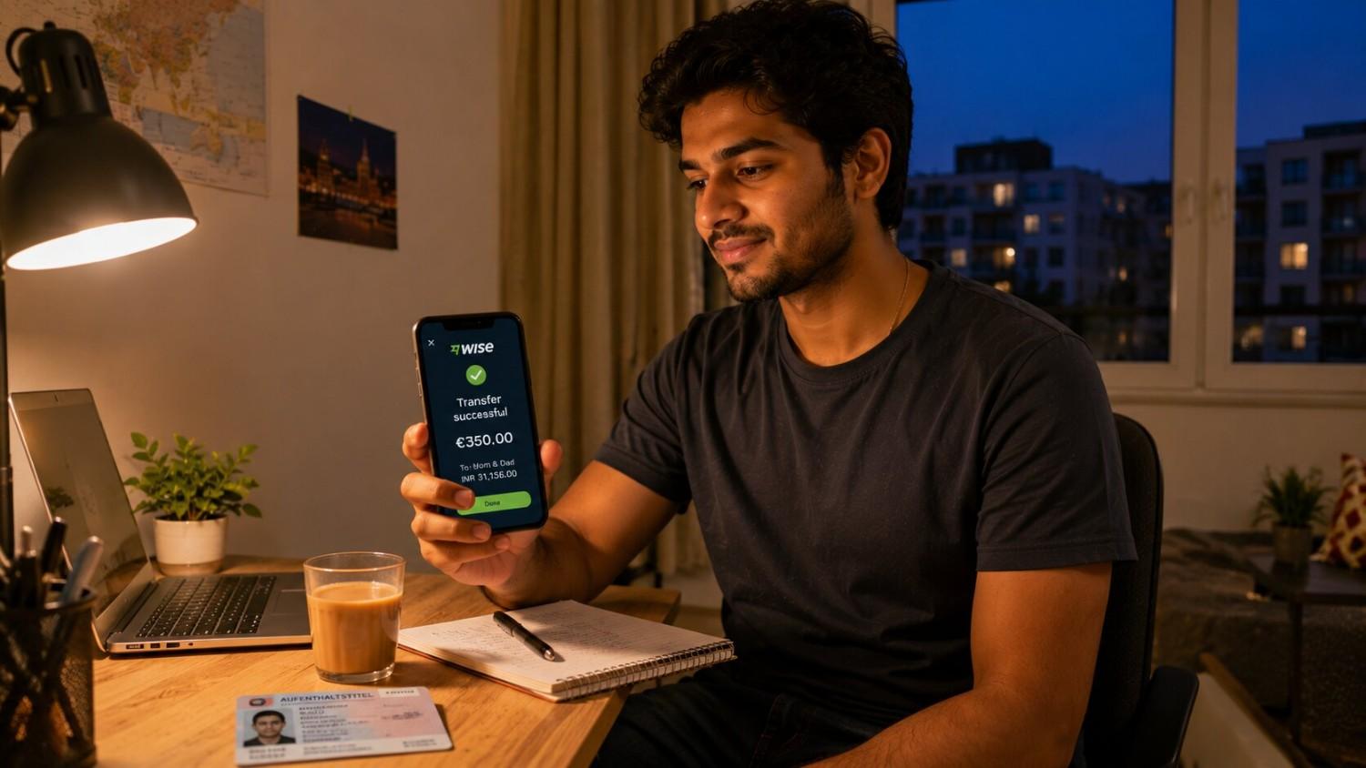 Young Indian Ausbildung trainee using phone app to transfer money from Germany to India