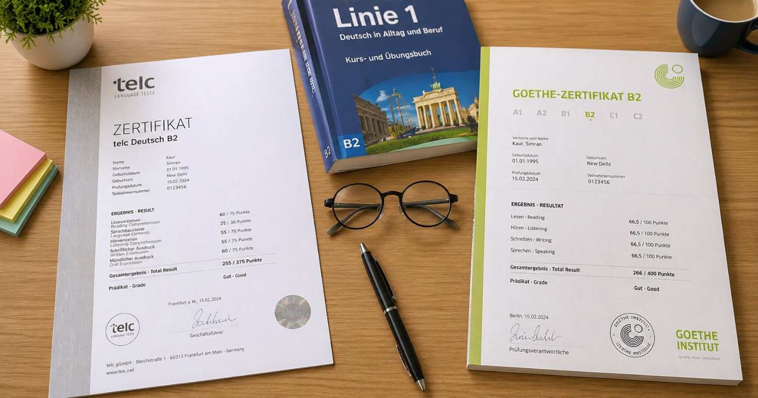 A candidate comparing TELC and Goethe German exam certificates side by side