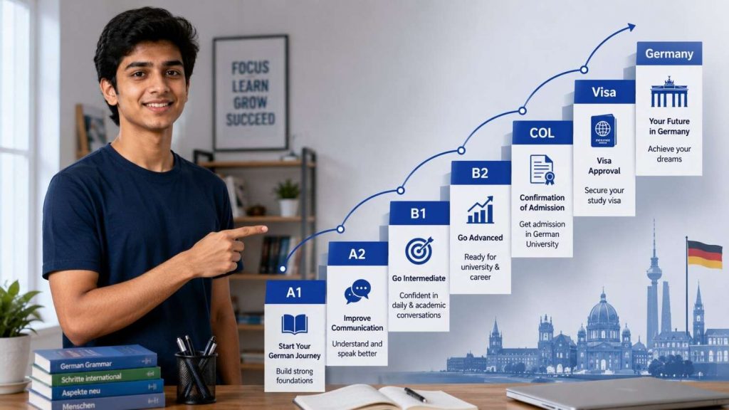 Indian student following a step-by-step process chart for applying to Ausbildung Germany programme from India