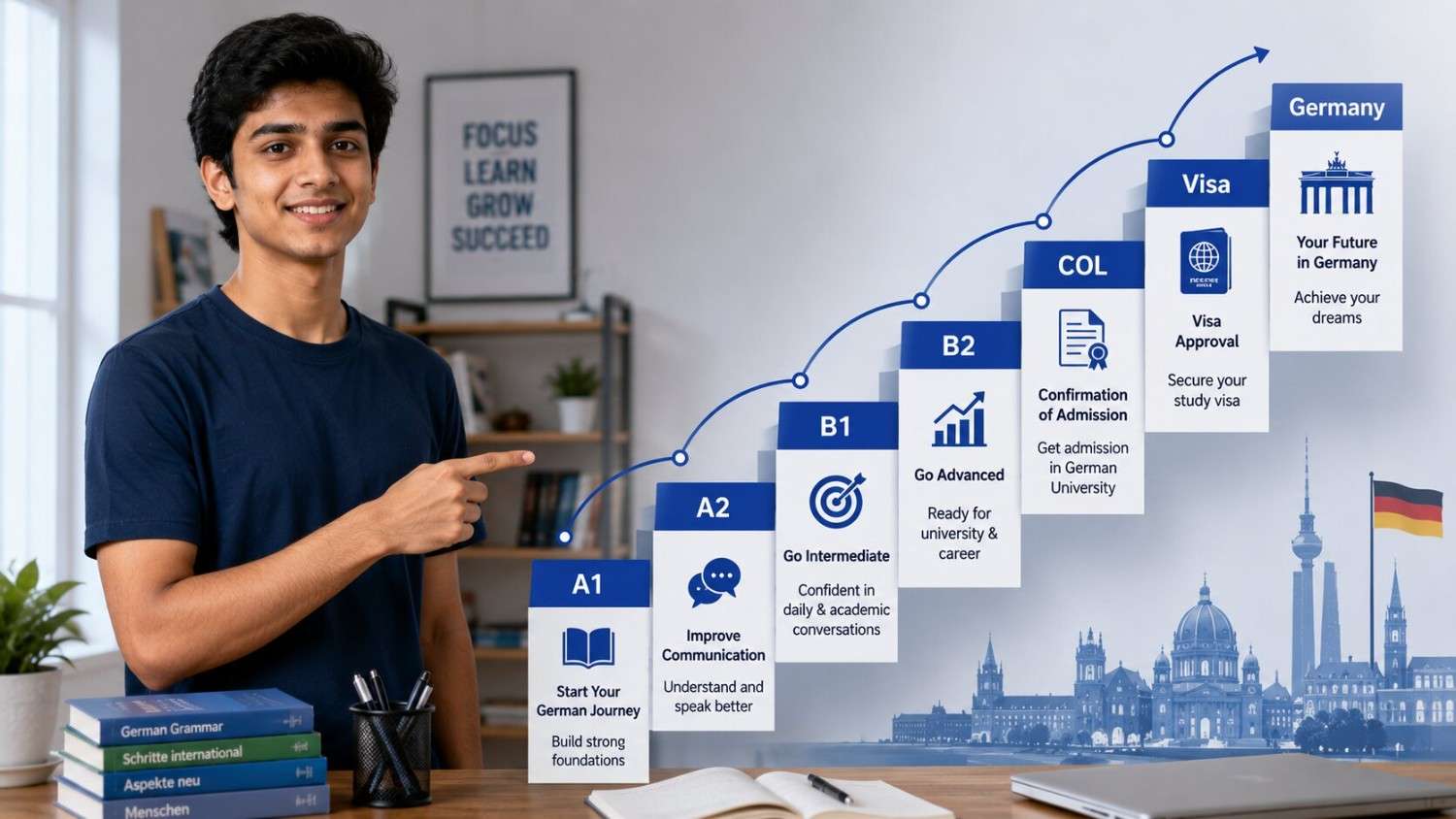 Indian student following a step-by-step process chart for applying to Ausbildung Germany programme from India