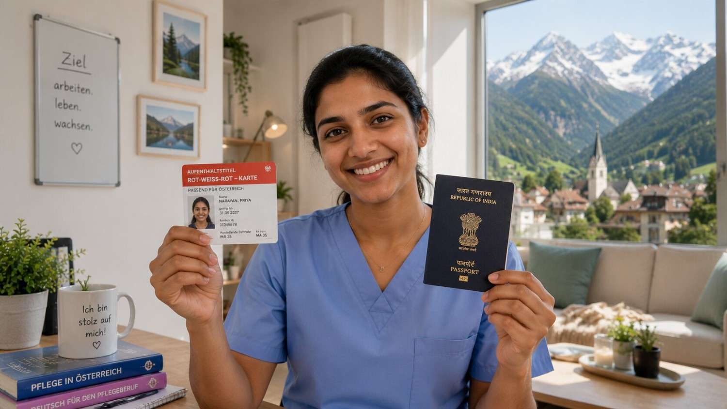 Indian nurse holding her Austrian Red-White-Red Card residence and work permit