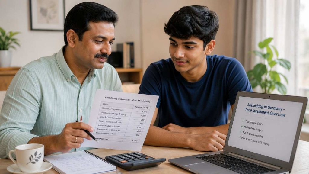 Indian family reviewing the honest, itemised total cost of Ausbildung in Germany