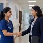 Indian nurse in scrubs shaking hands with a suited professional in a hospital setting, confident professional expression, bright clinical environment