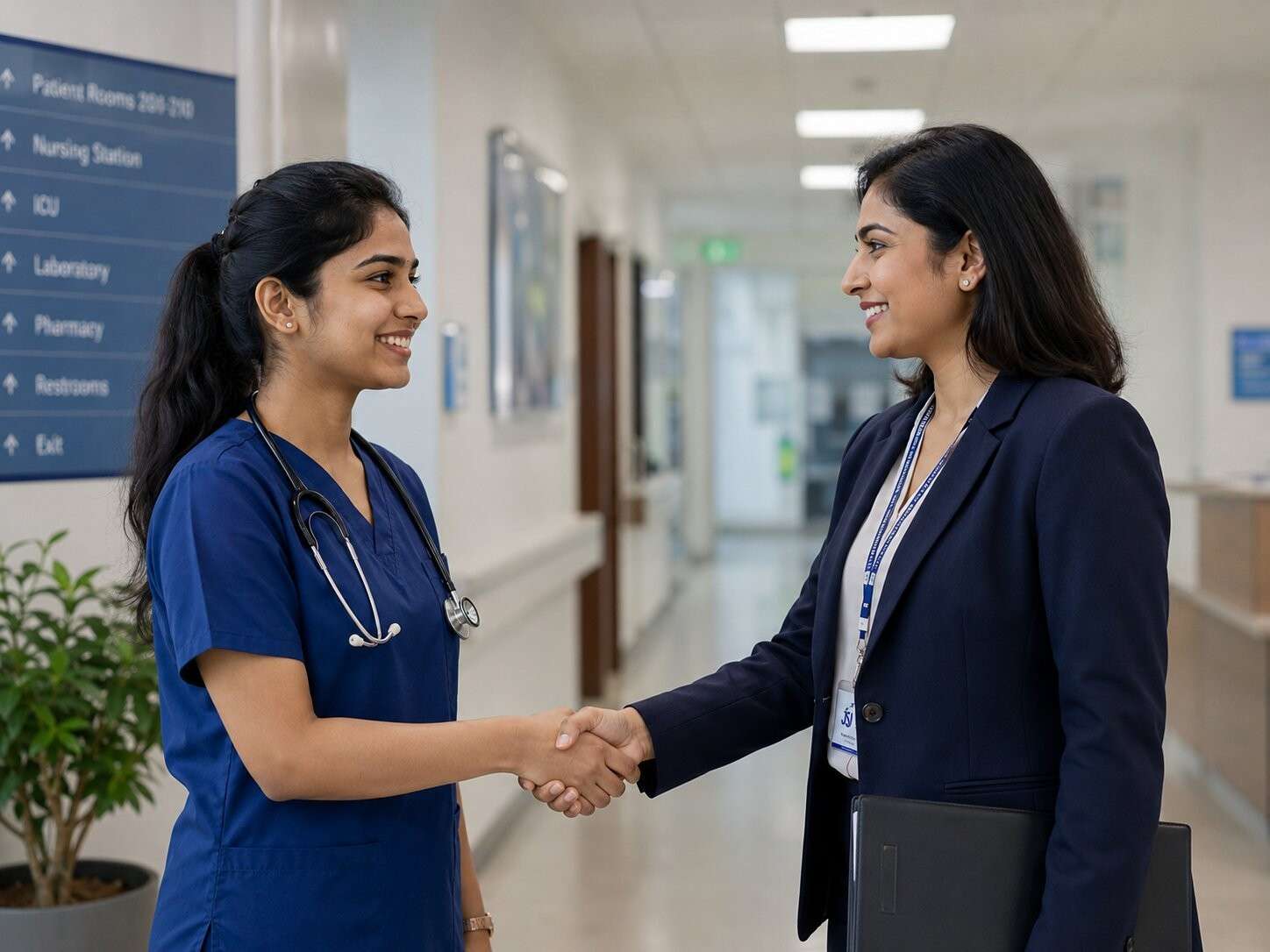 Indian nurse in scrubs shaking hands with a suited professional in a hospital setting, confident professional expression, bright clinical environment