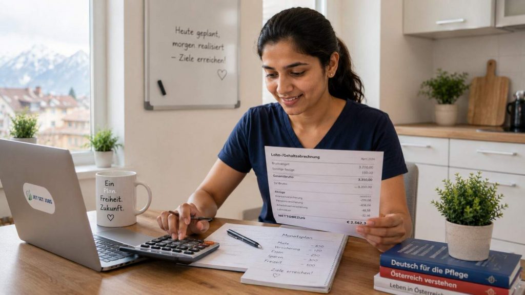 Indian nurse reviewing an Austrian salary slip showing 14 yearly payments
