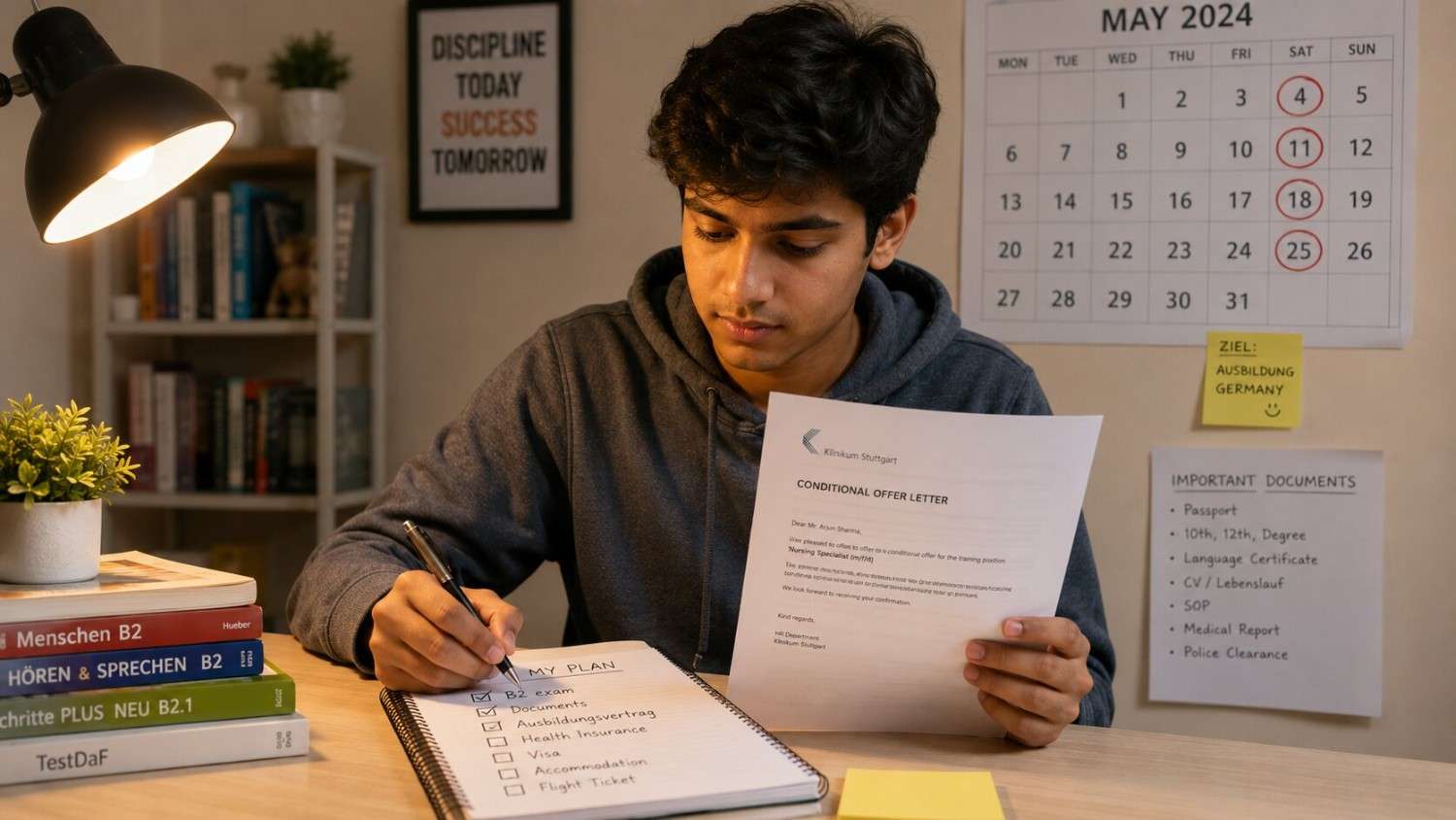 Indian Ausbildung candidate holding Conditional Offer Letter and planning next steps on a notepad