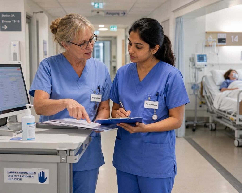 Indian nurse in German hospital scrubs working alongside a German colleague in a ward, learning environment, professional expression
