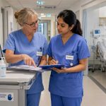 Indian nurse in German hospital scrubs working alongside a German colleague in a ward, learning environment, professional expression