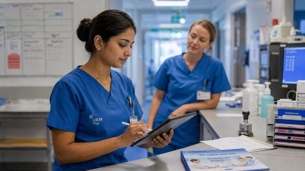 Indian nurse documenting patient care carefully on a German hospital ward, calm and professional