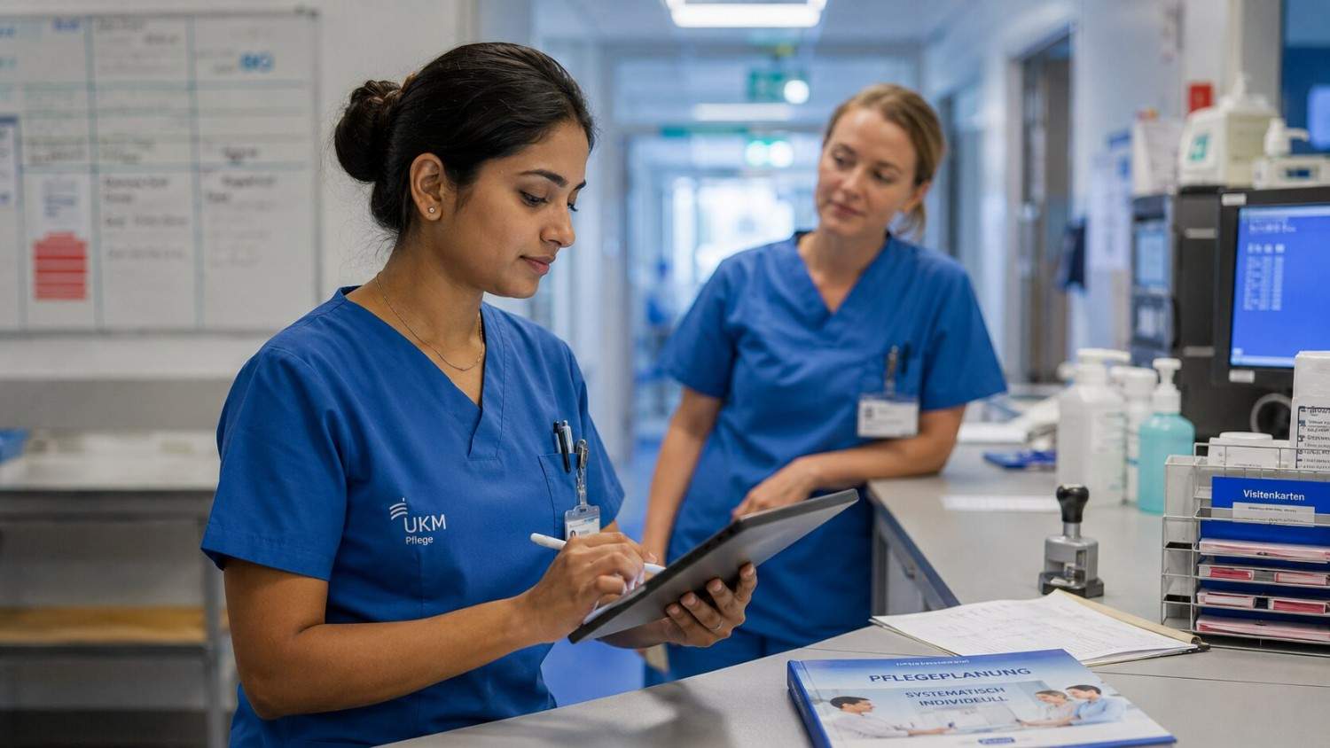 Indian nurse documenting patient care carefully on a German hospital ward, calm and professional