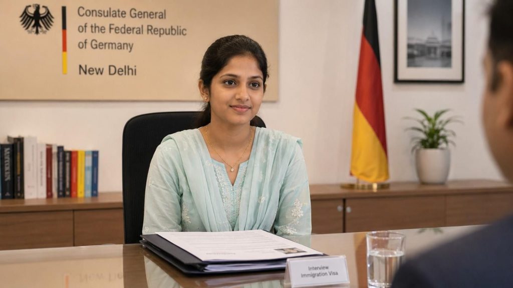 Indian nurse sitting confidently at a consulate interview desk with documents neatly arranged in front of her