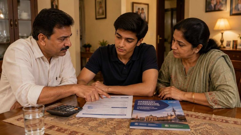 Indian student and parent looking at visa rejection letter with worried expressions at home in India