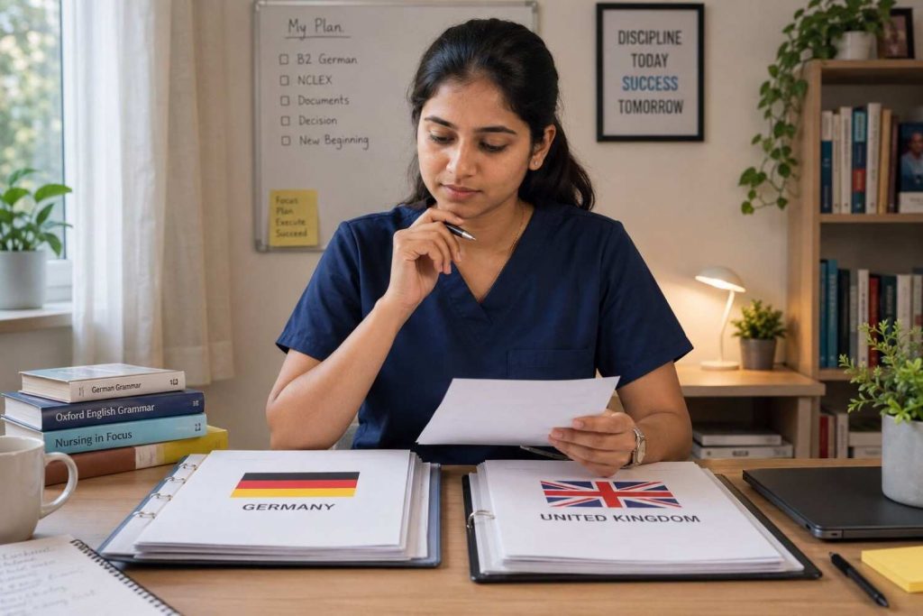 Indian nurse standing confidently with a B2 certificate in hand, looking at a bright open door representing Germany opportunity
