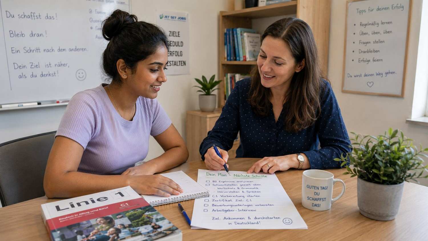 Reassured Indian nurse studying German again with a trainer after planning a B2 retake