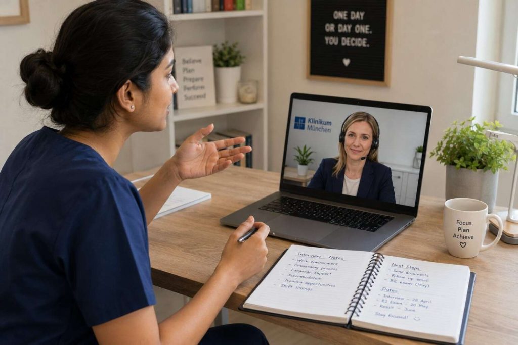 Indian nurse sitting calmly at a desk reviewing notes after a video call interview, looking composed and determined to try again