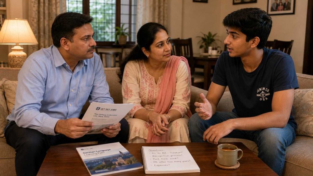 Indian parents sitting with their child having a serious but calm discussion about the Germany Ausbildung programme at home