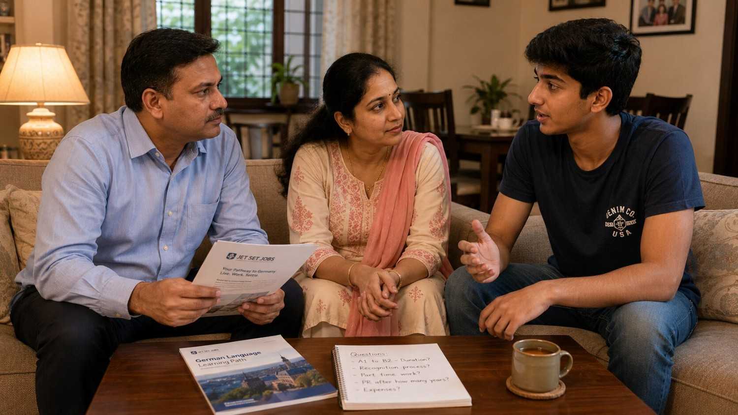 Indian parents sitting with their child having a serious but calm discussion about the Germany Ausbildung programme at home