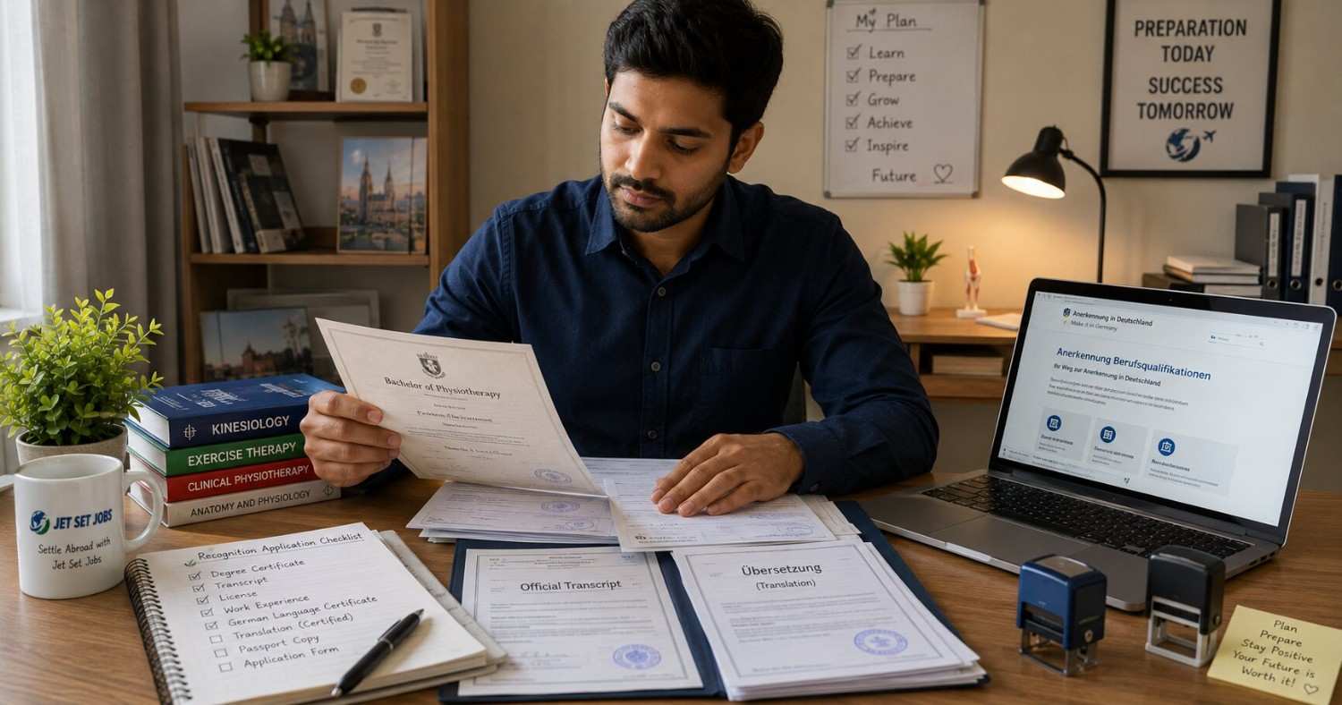 An Indian physiotherapist reviewing their qualification recognition documents for Germany