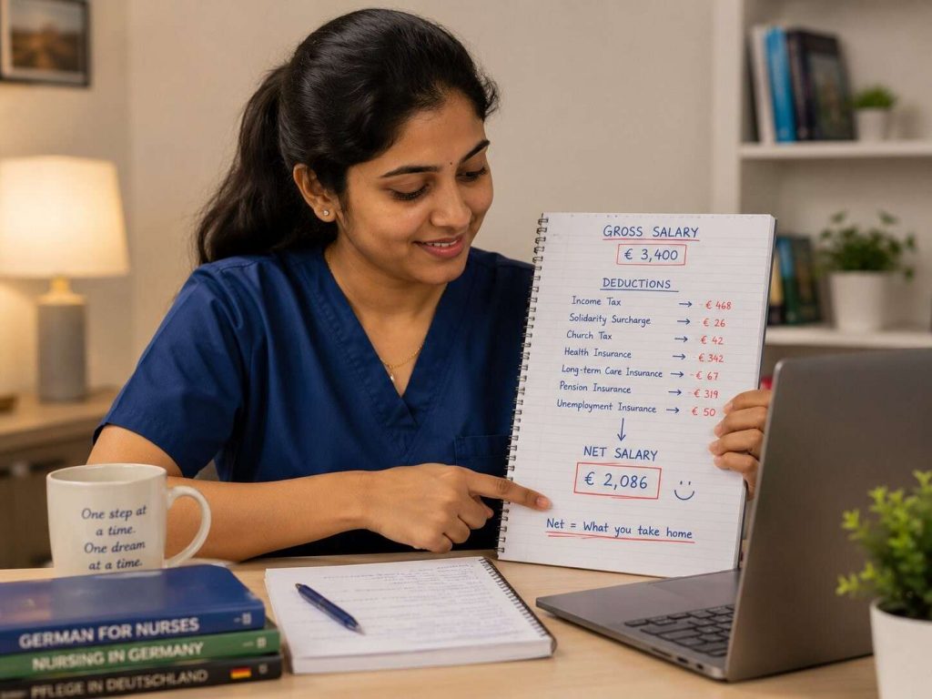 Indian nurse looking at a simple salary breakdown chart on a laptop, clear understanding expression, clean home setting, natural light