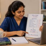 Indian nurse looking at a simple salary breakdown chart on a laptop, clear understanding expression, clean home setting, natural light