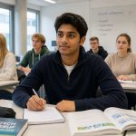 Young Indian Ausbildung student sitting in a clean German vocational school classroom, engaged and taking notes