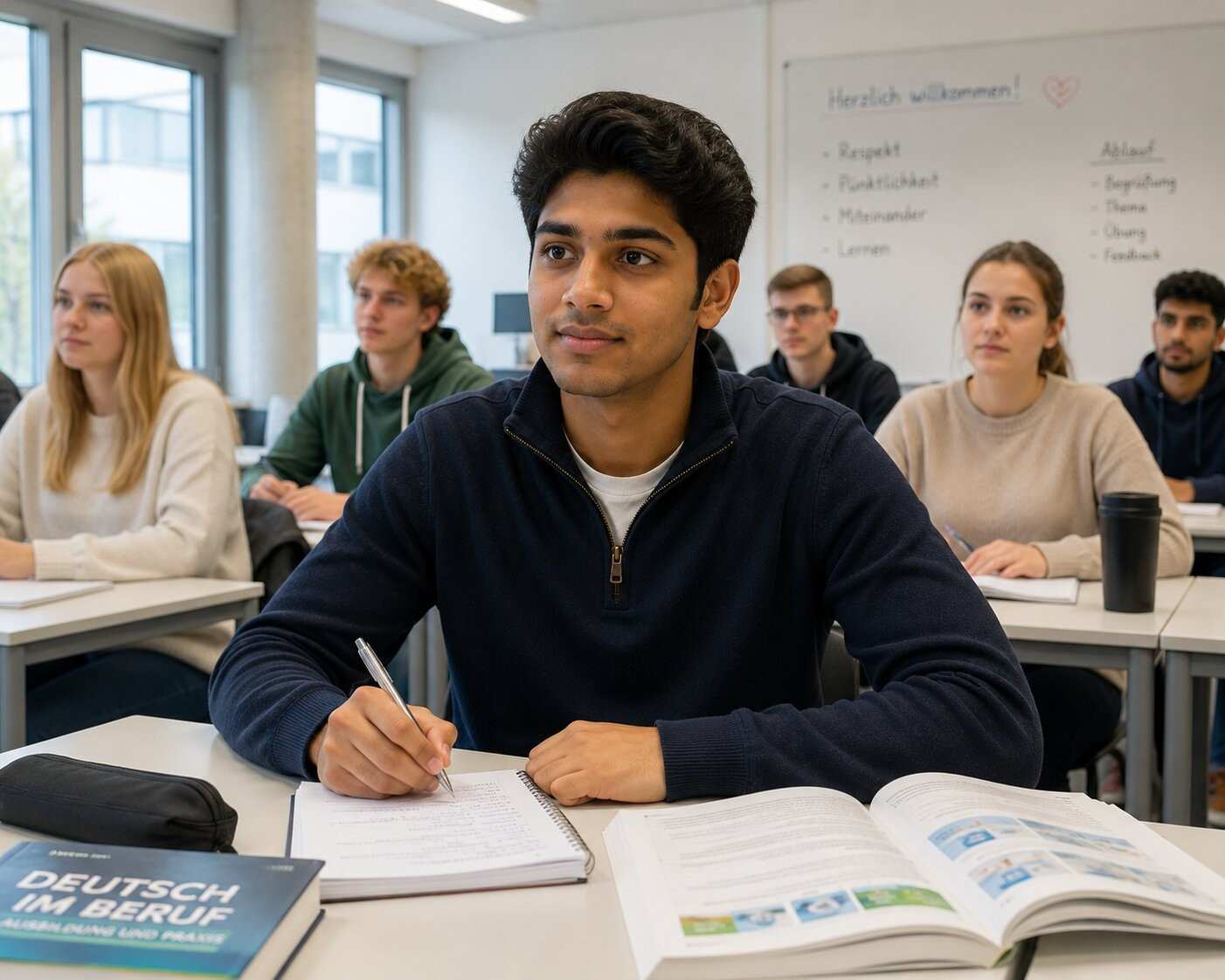 Young Indian Ausbildung student sitting in a clean German vocational school classroom, engaged and taking notes