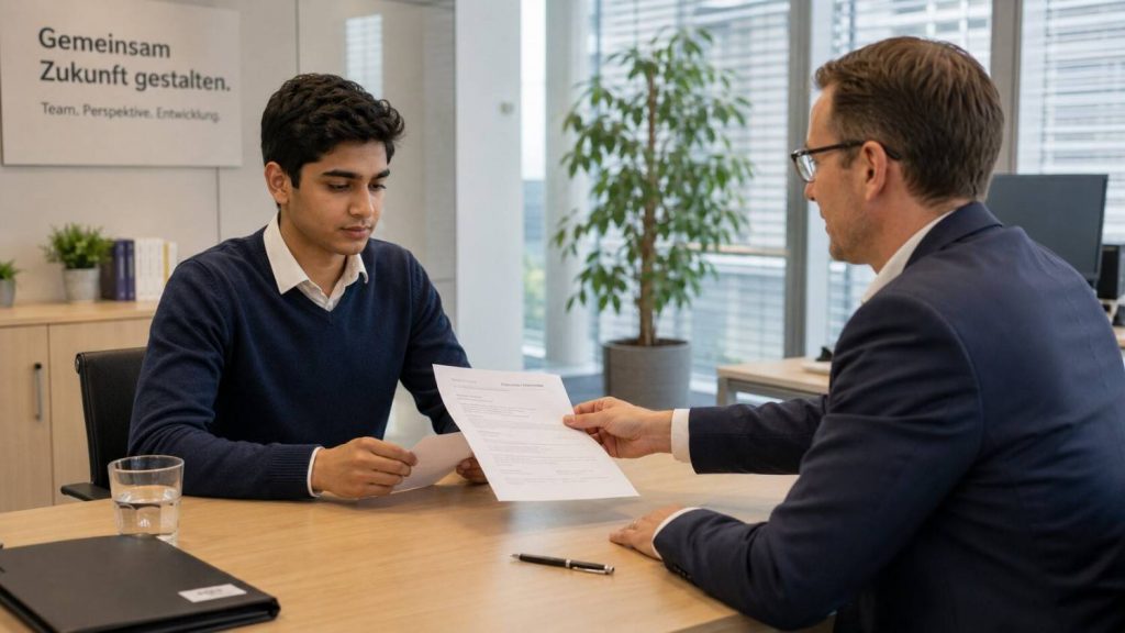 Young Indian Ausbildung trainee reviewing a German training contract Ausbildungsvertrag with employer