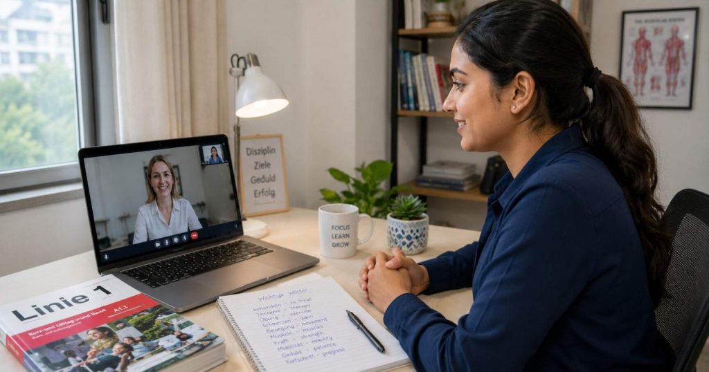 An Indian physiotherapist candidate participating in an online A2 language screening assessment