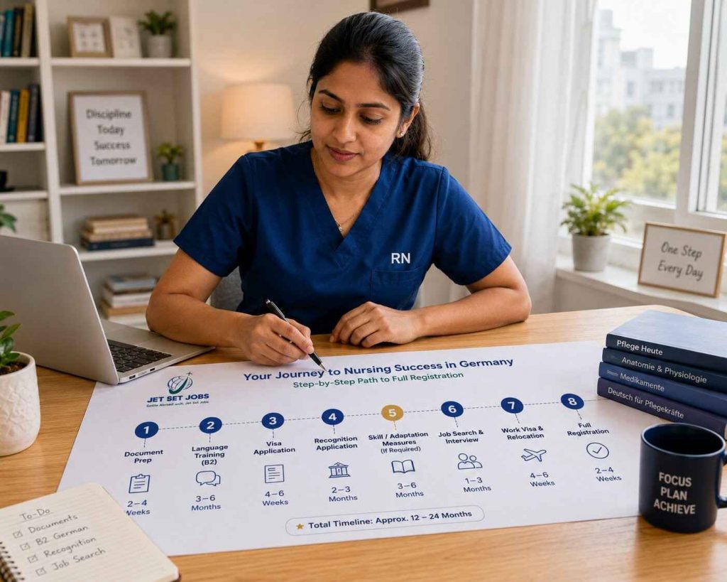 Indian nurse at a desk with a timeline chart and German recognition documents, focused planning expression