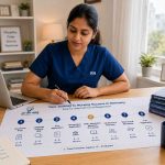 Indian nurse at a desk with a timeline chart and German recognition documents, focused planning expression