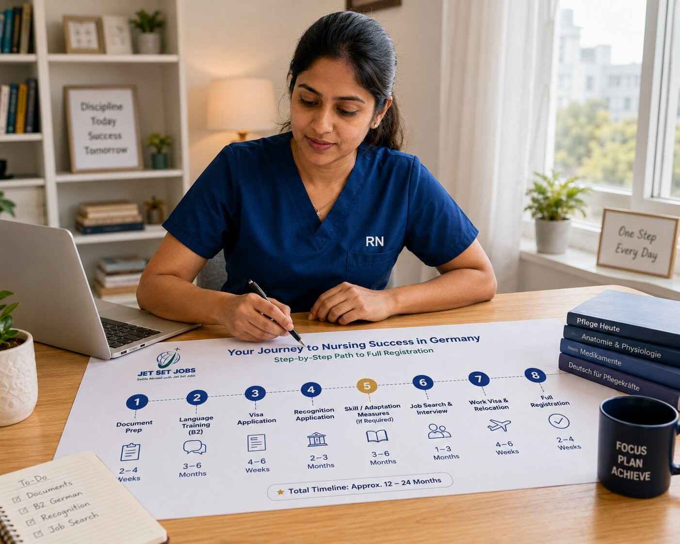 Indian nurse at a desk with a timeline chart and German recognition documents, focused planning expression