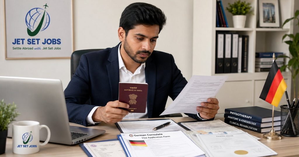 An Indian physiotherapist reviewing visa documents at the German consulate in India